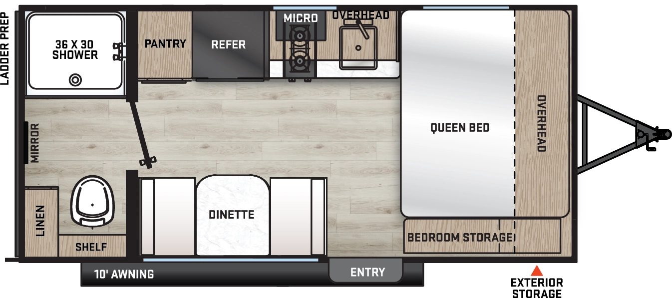 The Aurora 15RBX floorplan has one entry and zero slide outs. Exterior features include: metal exterior and 10' awning. Interiors features include: front bedroom, murphy bed and rear bathroom.